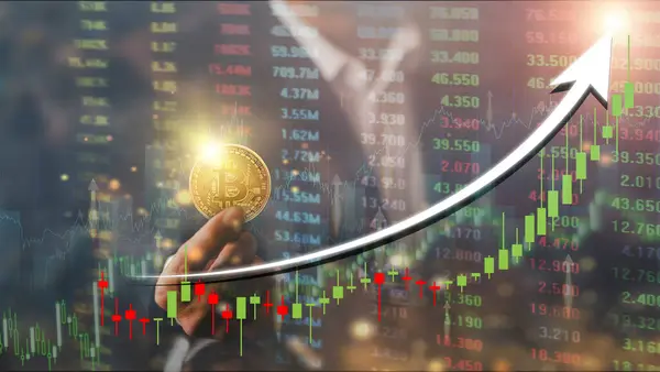 Hands Businessman Gold Bitcoin Coin Volatile Business Graph Global Network — Stock Photo, Image