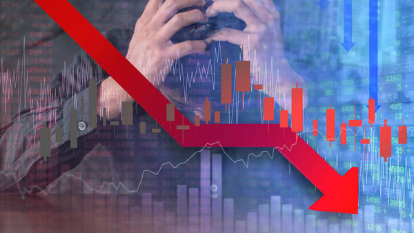 "All world stock fail background and digital red number on stock board. Concept of financial crisis. Stock market down trend and despair broker man on graph and number with bearis time. "