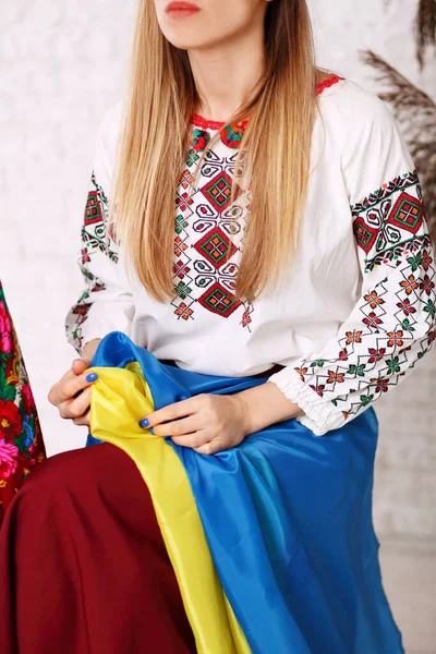 수놓은 티셔츠를 아름다운 우크라이나 전통적 반카와 우크라이나 국기를 현대적 — 스톡 사진