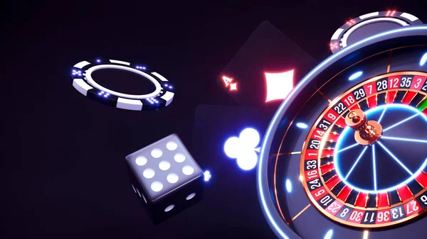 带有霓虹灯轮盘骰子和碎片下落3D渲染的赌场背景 — 图库照片