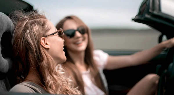 Two Fashionable Girls Travel Convertible Car — Stock Photo, Image