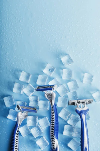 Three Shaving Machines Frosty Blue Background Ice Concept Cleanliness Frosty — Stock Photo, Image