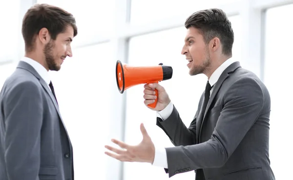 Aggressive Businessman Megaphone Screaming His Coworker Isolated White — Stock Photo, Image