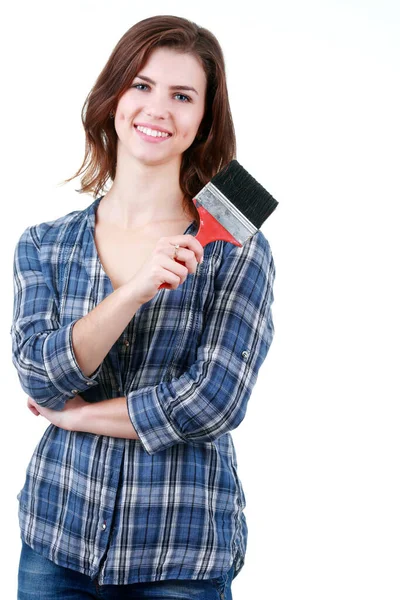 Joven Mujer Juguetona Camisa Jeans Sosteniendo Cepillo — Foto de Stock