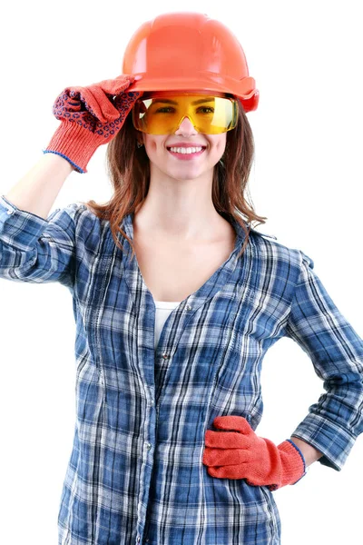 Jonge Speelse Vrouw Shirt Jeans Oranje Helm Met Bril — Stockfoto