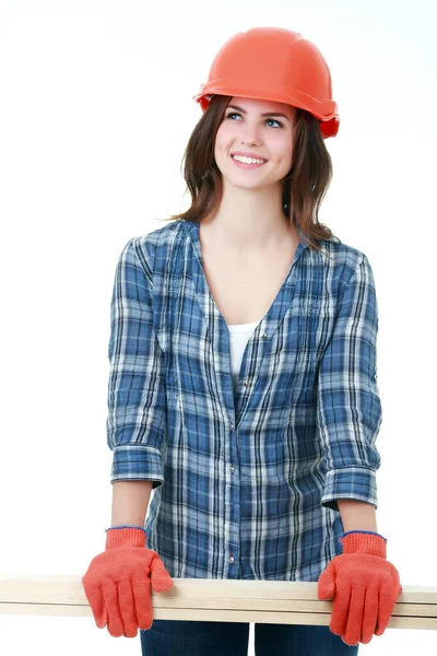 Attraktiv Kvinna Bära Plankor Trä — Stockfoto