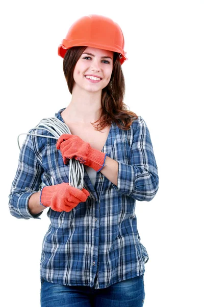 Joven Mujer Juguetona Camisa Jeans Casco Naranja Sosteniendo Cable —  Fotos de Stock