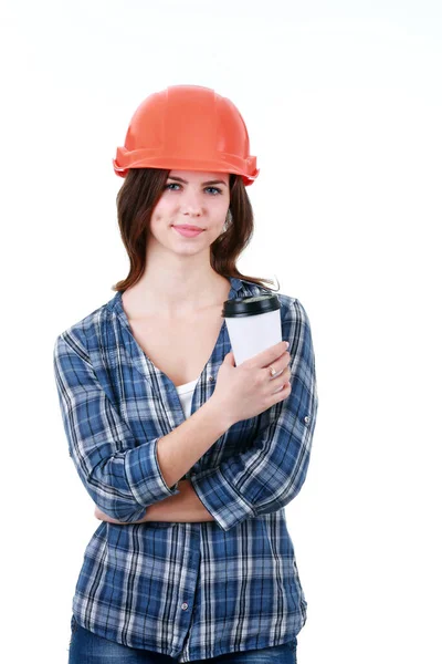 Junge Lächelnde Arbeiterfrau Isolierter Weißer Hintergrund — Stockfoto