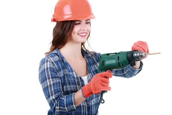 Jonge Speelse Vrouw Shirt Jeans Oranje Helm Holding Drill — Stockfoto