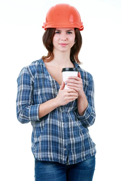 Gömlekli Kot Pantolonlu Elinde Kahve Tutan Turuncu Kasklı Genç Bir — Stok fotoğraf