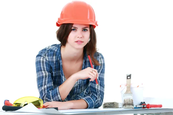 Mulher Sorridente Construtor Capacete Com Ferramentas — Fotografia de Stock