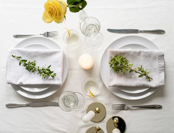 Beautiful Table Setting Romantic Dinner Two Top View — Stock Photo, Image
