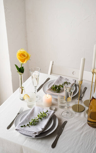 "beautiful table setting for romantic dinner for two"