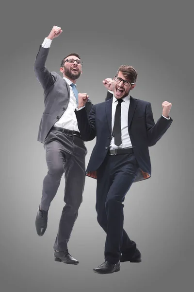 Pleno Crecimiento Dos Jóvenes Hombres Negocios Bailando Felices —  Fotos de Stock