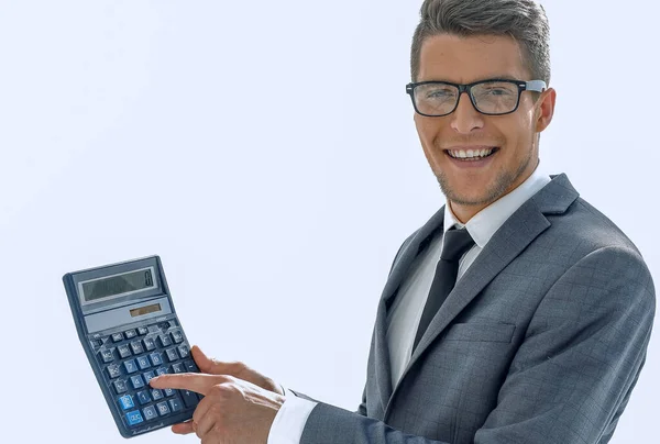 Businessman Holds Calculator — Stock Photo, Image