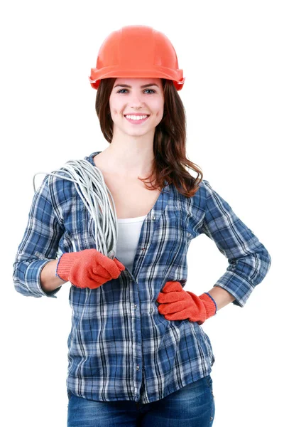 Builder Woman Holds Electric Wire — ストック写真
