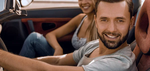Top View Young Man Traveling Convertible Car — Stock Photo, Image