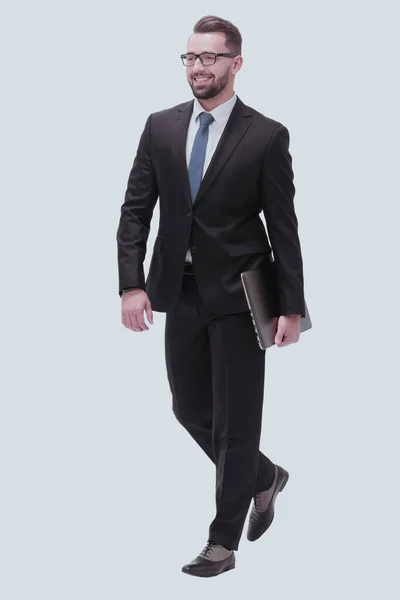 Side View Smiling Businessman Laptop Stepping Forward — Stock Photo, Image