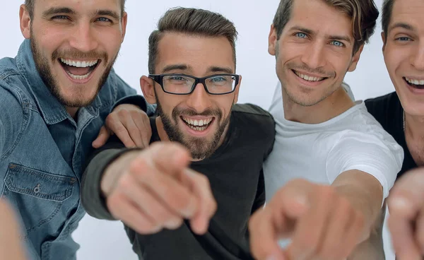 Group Smiling Male Friends Pointing You — Stock Photo, Image