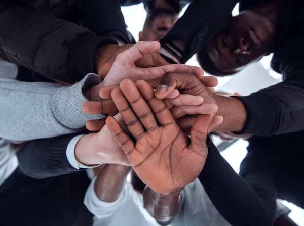 Bottom View Group Diverse Young People Joining Hands Together — Stock Photo, Image