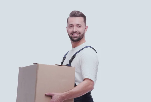 Mann Arbeitskleidung Mit Pappschachtel Auf Weißem Hintergrund — Stockfoto