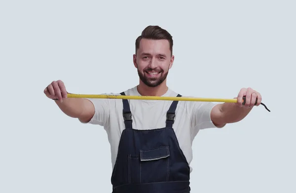 Full Growth Smiling Man Construction Tape Measure — Stock Photo, Image