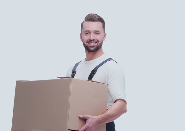 Mann Arbeitskleidung Mit Pappschachtel Auf Weißem Hintergrund — Stockfoto