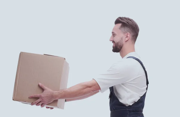 Side View Smiling Man Passing Cardboard Box — Stock Photo, Image