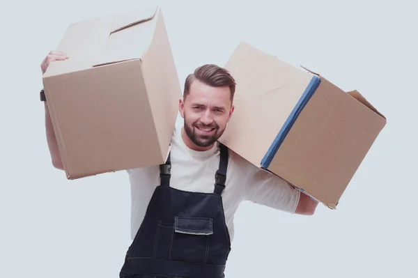 Full Growth Smiling Man Cardboard Boxes His Shoulders — Stock Photo, Image