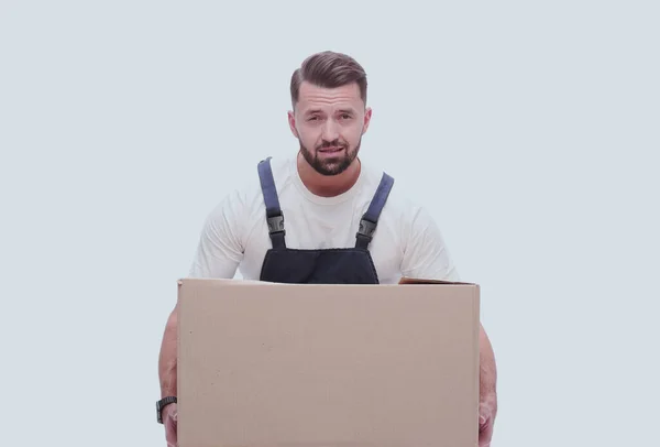 Full Growth Smiling Man Cardboard Boxes His Shoulders — Stock Photo, Image