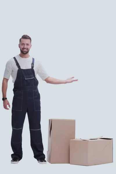 Friendly Man Overalls Pointing Copy Space Isolated White — Stock Photo, Image
