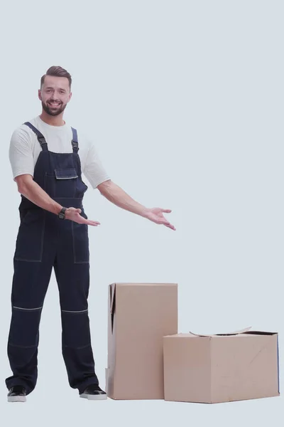 Full Growth Friendly Man Overalls Standing Cardboard Boxes — Stock Photo, Image