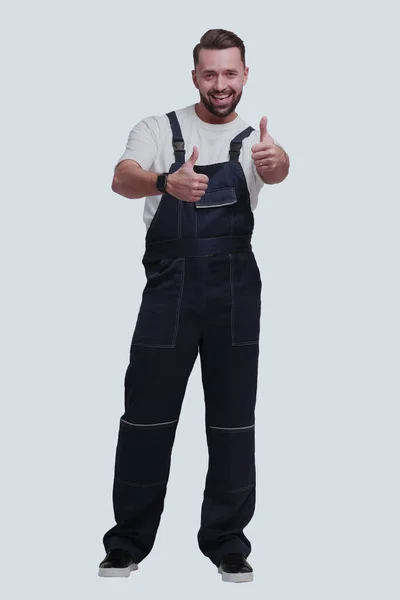 Full Growth Friendly Man Overalls Showing Thumbs — Stock Photo, Image