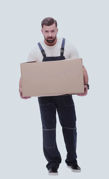 Tam Gelişim Omuzlarında Karton Kutular Olan Gülümseyen Bir Adam — Stok fotoğraf