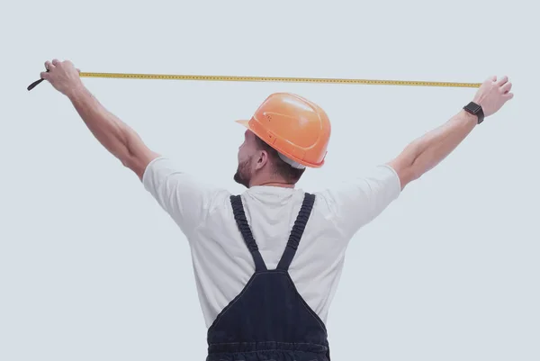 Vollem Wachstum Mann Bauarbeiter Mit Maßband — Stockfoto