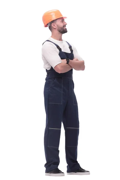 Full Growth Smiling Man Overalls Safety Helmet — Stock Photo, Image