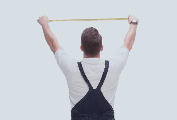 Rear View Man Measuring Something Construction Tape Measure — Stock Photo, Image