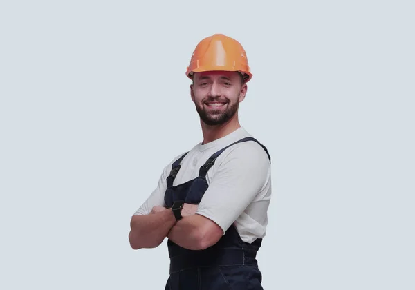 Plném Růstu Usmívající Muž Montérkách Bezpečnostní Helmě — Stock fotografie