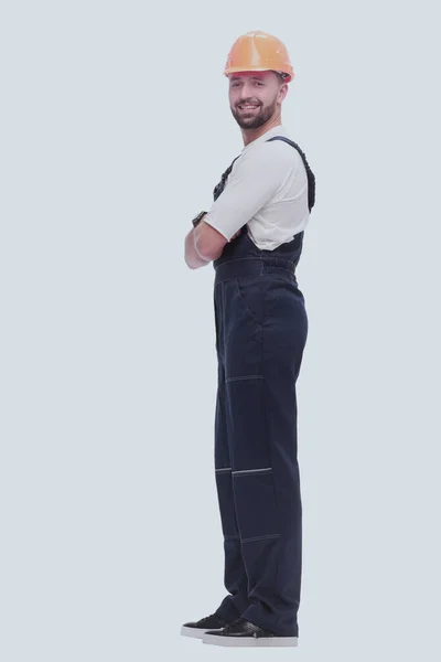 Full Growth Smiling Man Overalls Safety Helmet — Stock Photo, Image
