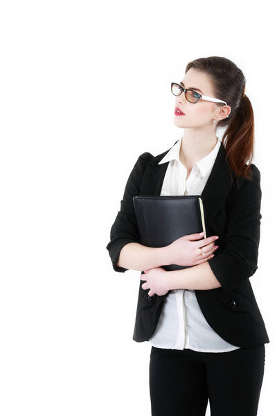 "Half-length portrait of business lady with folder wearing black"