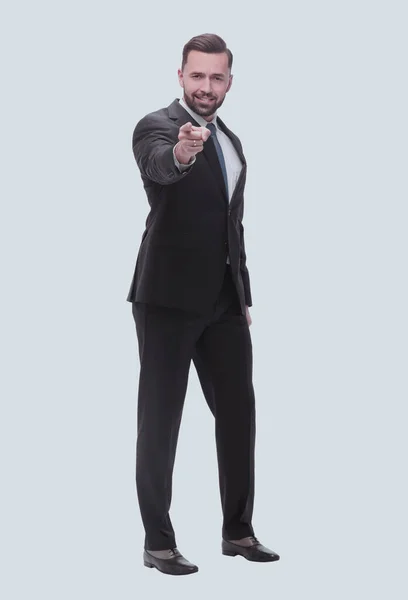 Full Length Smiling Handsome Businessman Pointing You — Stock Photo, Image
