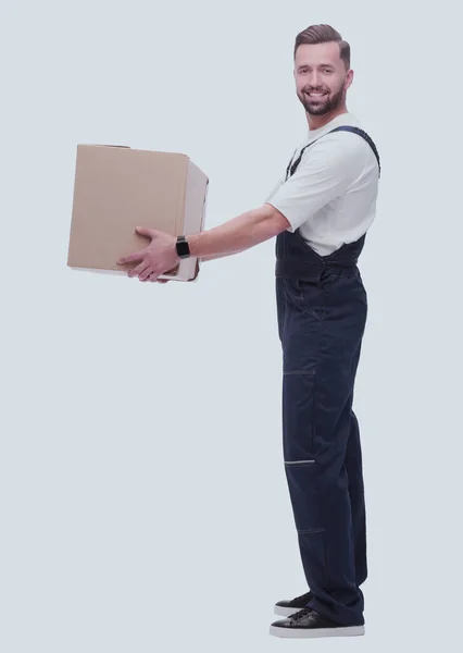 Vista Lateral Homem Feliz Com Uma Caixa Papelão — Fotografia de Stock