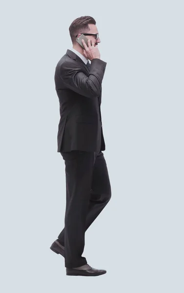 Homem Negócios Falando Seu Smartphone Isolado Branco — Fotografia de Stock