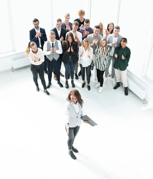 Top View Female Leader Standing Front Business Team — Stock Photo, Image