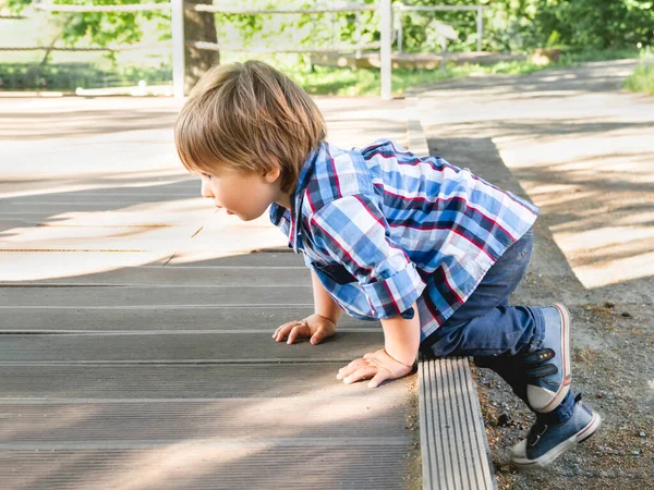 Neugieriges Kleinkind Klettert Freizeitpark Die Treppe Hoch Freizeitaktivität Für Kleine — Stockfoto