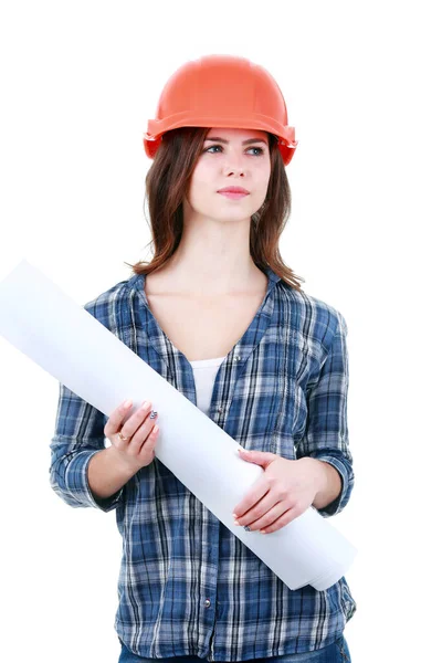 Glückliche Frau Bauarbeiteruniform — Stockfoto