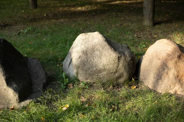 Steine Park Kopfsteinpflaster Liegt Auf Gras — Stockfoto