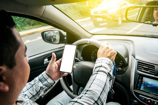 Distracted Driver Using Cell Phone While Driving Man Using His — Fotografia de Stock
