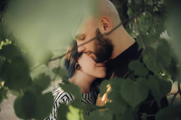 Couple Love Hid Everyone Foliage Tree Gently Hugged — Stock Photo, Image