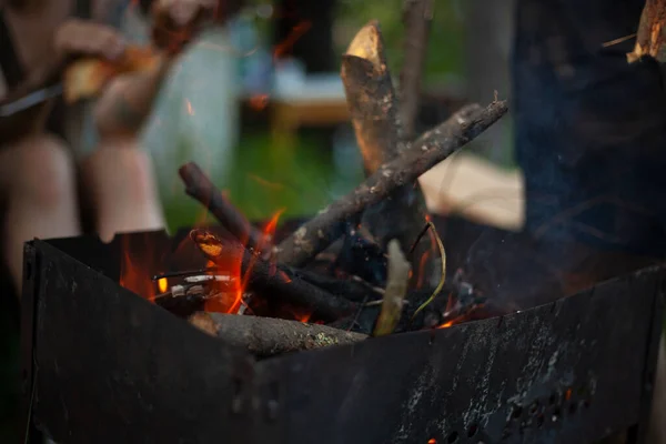 Les Branches Sèches Brûlent Pique Nique Dans Nature Préparation Charbon — Photo